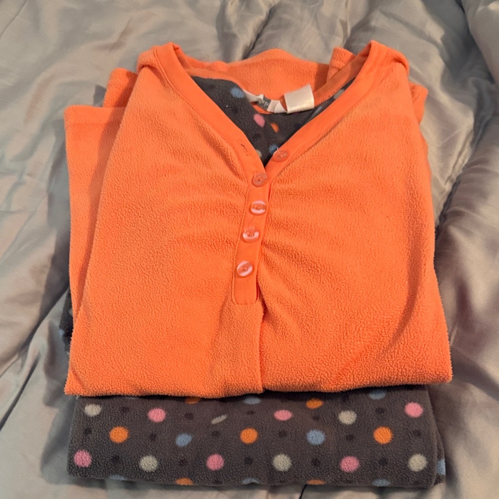 Women's Orange Button-Front Fleece Pajama Top with Polka Dot Pants
